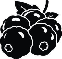 Detailed Black Silhouette Illustration of a Bunch of Raspberries or Blackberries with Leaves and Stems, Minimalist High Contrast Berry Fruit Icon Isolated on Transparent Background AI Generative
