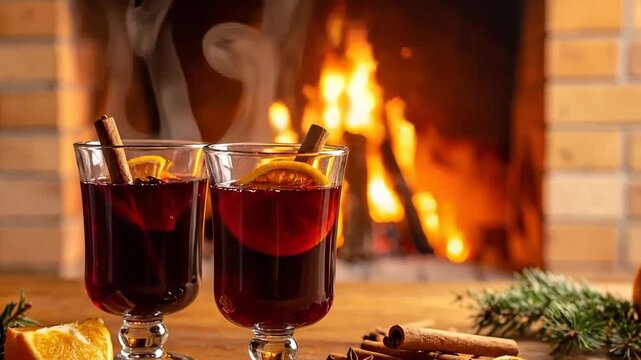 Warm mulled wine with orange and cinnamon sticks by a cozy fireplace.