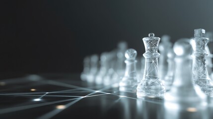 A close-up view of transparent chess pieces reflecting strategic gameplay in focus.