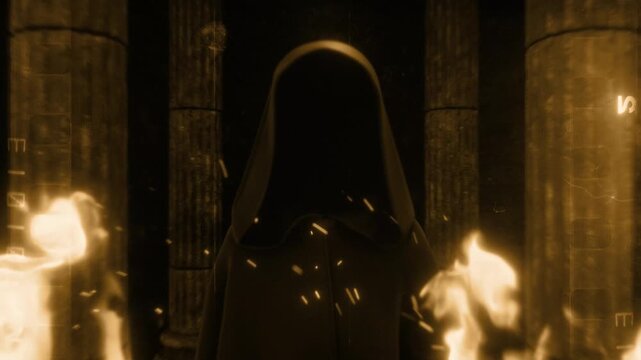 A mysterious robed hooded figure stood in a dark stone temple surrounded by glowing flames and embers.
