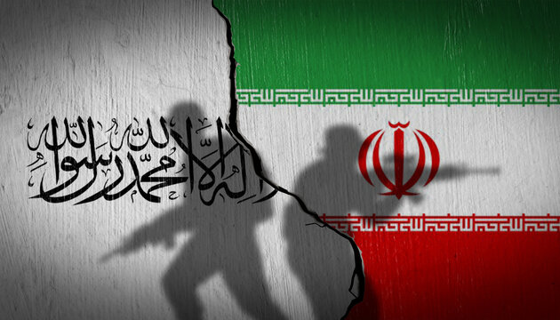 National flags of Iran and Afghanistan Taliban on a cracked wall with soldier silhouettes. Concept of border and water conflict.