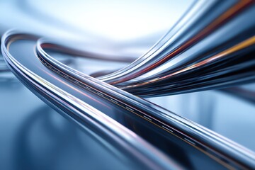 Abstract close-up of shiny metal wires creating dynamic curves and reflections.