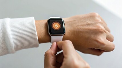 A person interacts with a smartwatch displaying a cryptocurrency symbol, highlighting the fusion of technology and finance in daily life.