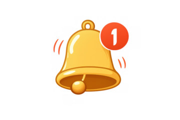 Golden ringing bell icon with new notification symbol, alert message and social media reminder concept
