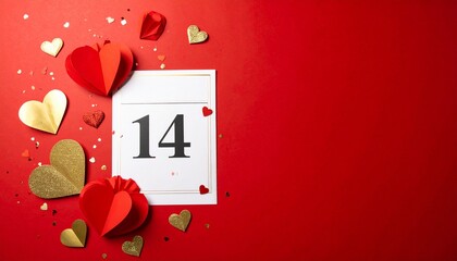Red background, gold and red paper hearts, heart-shaped confetti, calendar page with a large number: 14.