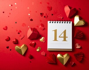 Red background, gold and red paper hearts, heart-shaped confetti, calendar page with a large number: 14.