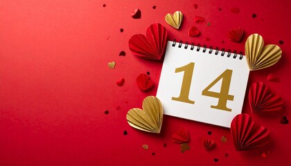 Red background, gold and red paper hearts, heart-shaped confetti, calendar page with a large number: 14.