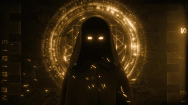 A mysterious hooded figure surrounded by glowing flames and embers, and stood in front of a stone wall with glowing mystical dark magic symbols.
