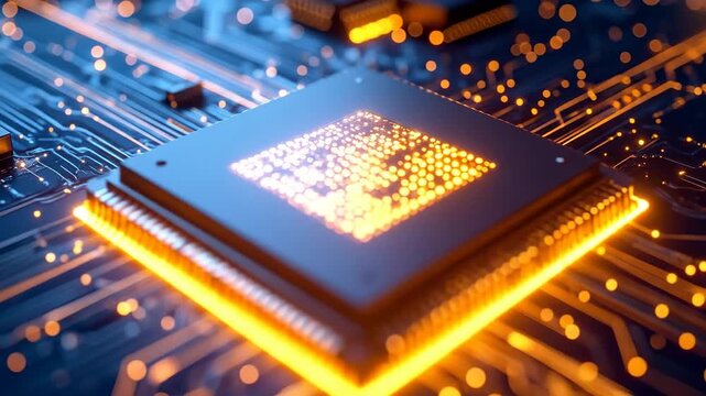 Close-up of a glowing central processing unit on a circuit board.
