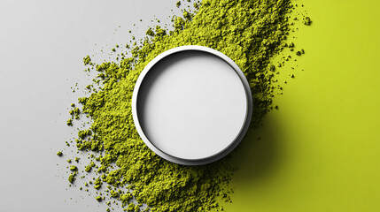 A clean white circle resting in vibrant matcha powder, evoking natural freshness, calm mood, minimalism, and organic simplicity for wellness and lifestyle visuals