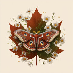 Moth resting on autumn leaves and daisies in soft light  