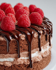 Chocolate cake with raspberries and chocolate drizzle on top  