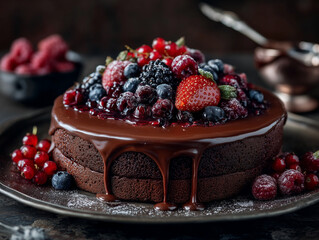 Chocolate cake topped with mixed berries on a decorative platter  