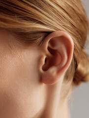 Close-up of woman's ear with light brown hair pulled back  