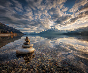 Stacked stones on clear water surface reflecting mountains and sky  