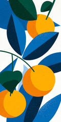 Colorful illustration of oranges and leaves on white background  artwork  modern stylized