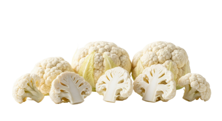 Fresh white cauliflower florets, whole and sliced, revealing intricate fractal structure, on a transparent studio background, copy space, bright high-key light, concept of healthy food and clean