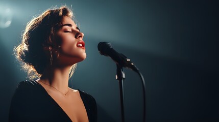 Woman singing into a microphone