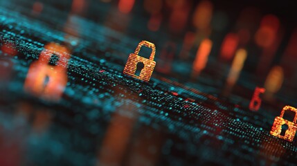 Abstract representation of digital security with glowing locks on a data background.