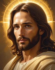 Soft Devotional Jesus Christ Face Portrait with Warm Golden Light