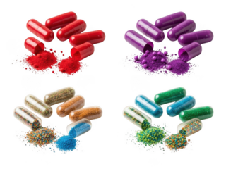 Colorful medical capsules and powder isolated on transparent background