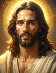 Soft Devotional Jesus Christ Face Portrait with Warm Golden Light