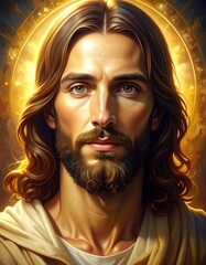 Soft Devotional Jesus Christ Face Portrait with Warm Golden Light