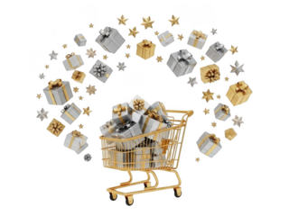 Golden shopping cart with gift boxes isolated on transparent background