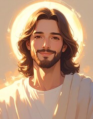 Cute Jesus Christ Close Up Portrait with Gentle Smile and Heavenly Glow
