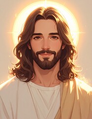 Cute Jesus Christ Close Up Portrait with Gentle Smile and Heavenly Glow