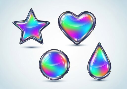Vibrant holographic shapes including star heart oval and teardrop forms