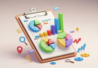 3d illustration of business analytics charts and data visualization on a clipboard