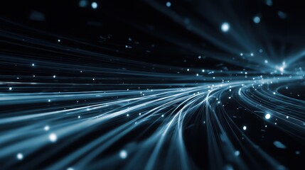 Abstract digital background with flowing lines and glowing particles in blue hues.