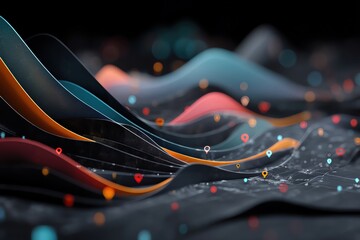 Abstract visuals of data waves with vibrant colors and dots representing connections.
