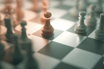 Close-up view of a chessboard featuring strategically placed pieces ready for a game.