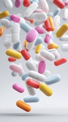 Falling colorful medical pills and capsules on white background. 3D rendering of pharmaceutical drugs and vitamins. Healthcare and medicine concept. Vertical illustration.