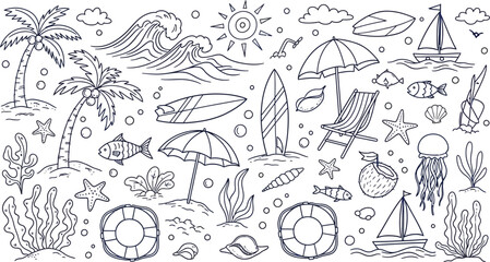 Hand drawn doodle summer beach, hand drawn summer vintage icon set, palm tree, sun and sea, seashells, coral, vector illustration set, drawing ink, vector illustration