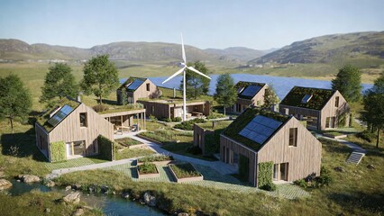 Sustainable village with wooden houses, green roofs, solar panels, and wind turbine in a serene mountain