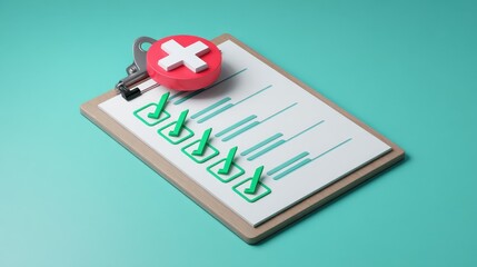 Health checklist with green check marks and first aid symbol on turquoise background during daylight