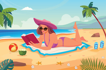 Woman Reading Book While Lying on Sandy Beach, Woman Lying on Beach Reading a Book, Woman Lying on Beach Reading Book by the Ocean