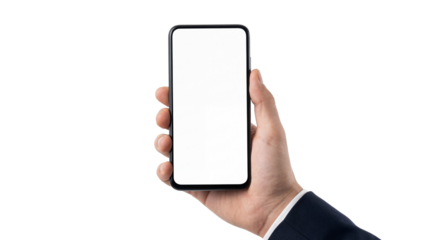 Man's Hand Holding Modern Black Smartphone Mockup with Blank White Screen isolated PNG with Transparent Background