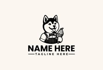 A black and white illustration of a smiling husky dog holding a bottle and wearing an apron, with a placeholder text for a name and tagline on a plain background.