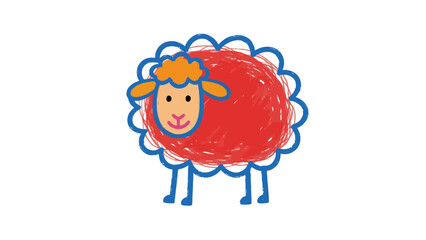 Whimsical Hand Drawn Red Sheep Character with Blue Outline on White Background © Jonmart