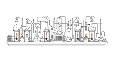 Obraz premium Highly detailed line art illustration of a complex chemistry laboratory setup with various flasks, test tubes, burners, and pipes.