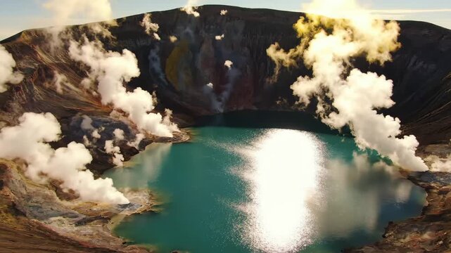 Volcano crater with steaming fumaroles and turquoise lake