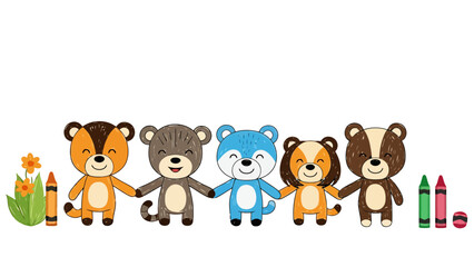 Naklejka premium Cute Cartoon Bears Holding Hands Art Supplies Children s Artwork Background