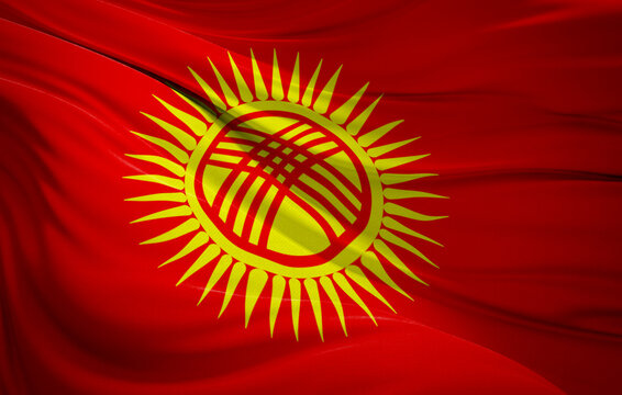 national flag of Kyrgyzstan featuring a yellow sun and tunduk on a red field.
