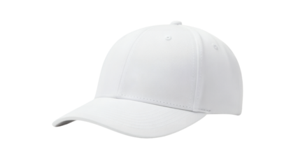 A pristine white baseball cap, a classic headwear item, presented against a stark black background. It appears perfectly clean