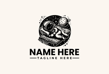 A black and white illustration of a humanoid figure with a camera eye lying on books, surrounded by celestial elements and text space for a logo, against a clean background.