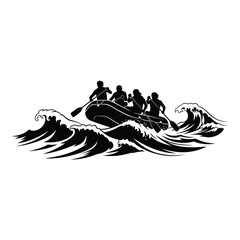 A team of rowers navigate turbulent waters in an inflatable raft